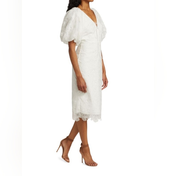 NWT Size 2 Monique Lhuillier White Organza Lace Puff Sleeve Dress - Picture 7 of 11